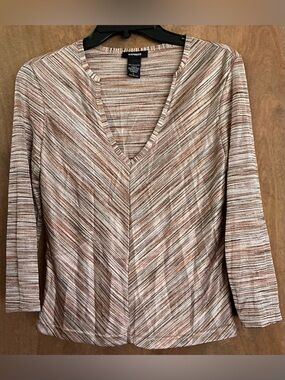 Express Vintage Chevron Multi-Toned Striped V-Neck Long Sleeve Earth Tone Top L